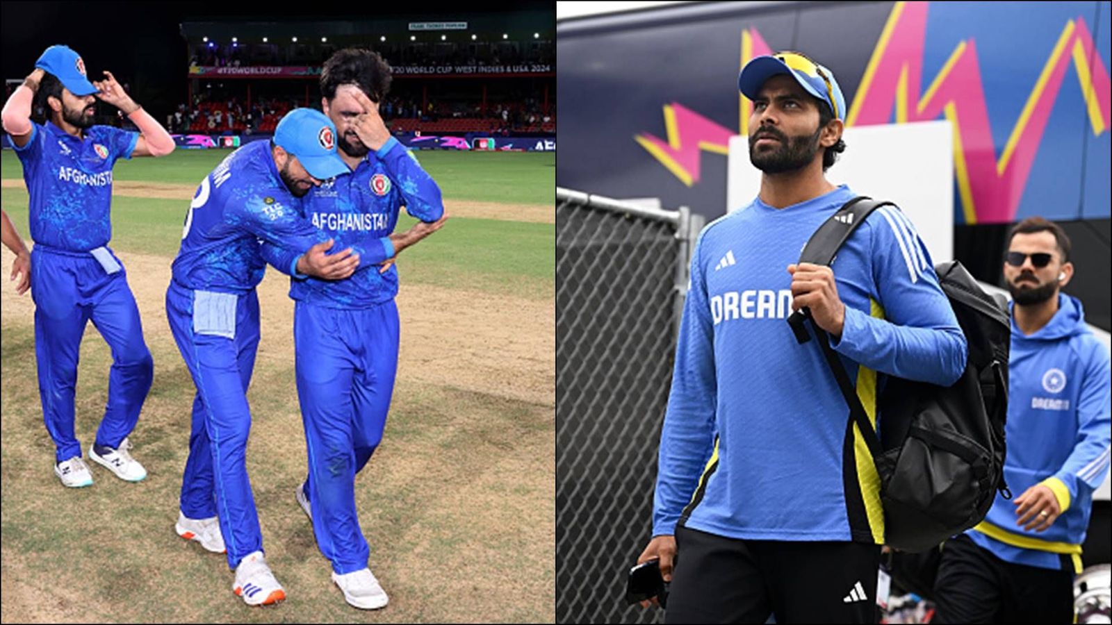'Ab Rashid miyan nahi chodenge': Ravindra Jadeja commentated on flight as Indian players rooted for Afghanistan to knock out Australia Rashid Khan gets emotional after win over Bangladesh; Ravindra Jadeja during T20 World Cup (Getty Images)