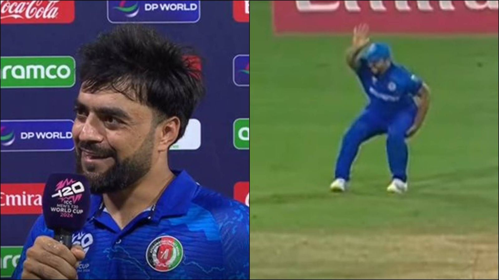 'He had some cramp... don't know what's going on social media': Rashid Khan defends Gulbadin Naib's alleged fake injury Rashid Khan in the post-match presentation; Gulbadin Naib holds his left hamstring (Screengrab: X)