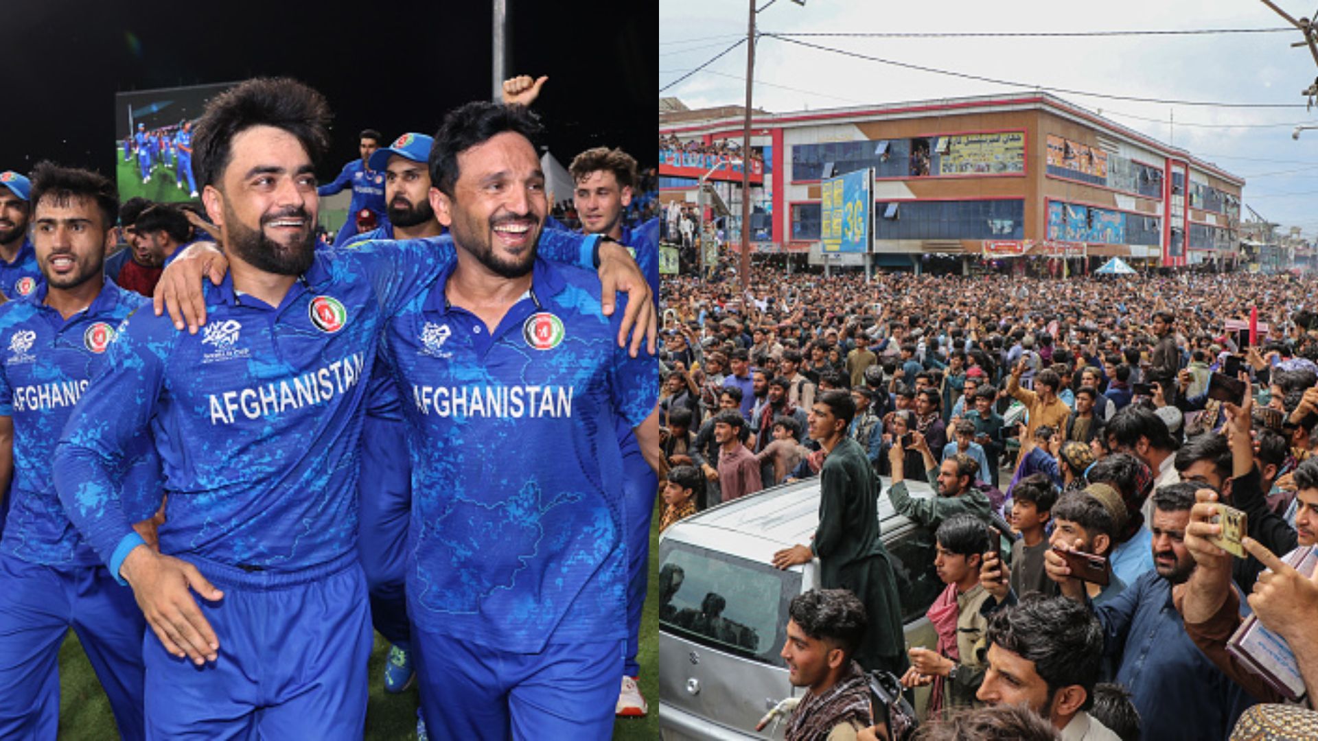 WATCH: Thousands of people gather on Afghanistan's streets to celebrate Rashid Khan-led side's historic semi-final entry Fans celebrating Afghanistan's semi-final entry (Getty)