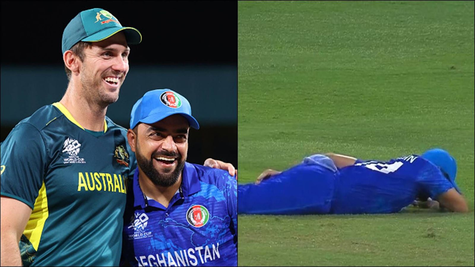 'I was almost in tears laughing... it was outstanding': Mitchell Marsh has no hard feelings for Gulbadin Naib's controversial fall to stop game Mitchell Marsh and Rashid Khan at the coin toss; Gulbadin Naib lays on the ground (Getty Images, Screengrab: X)