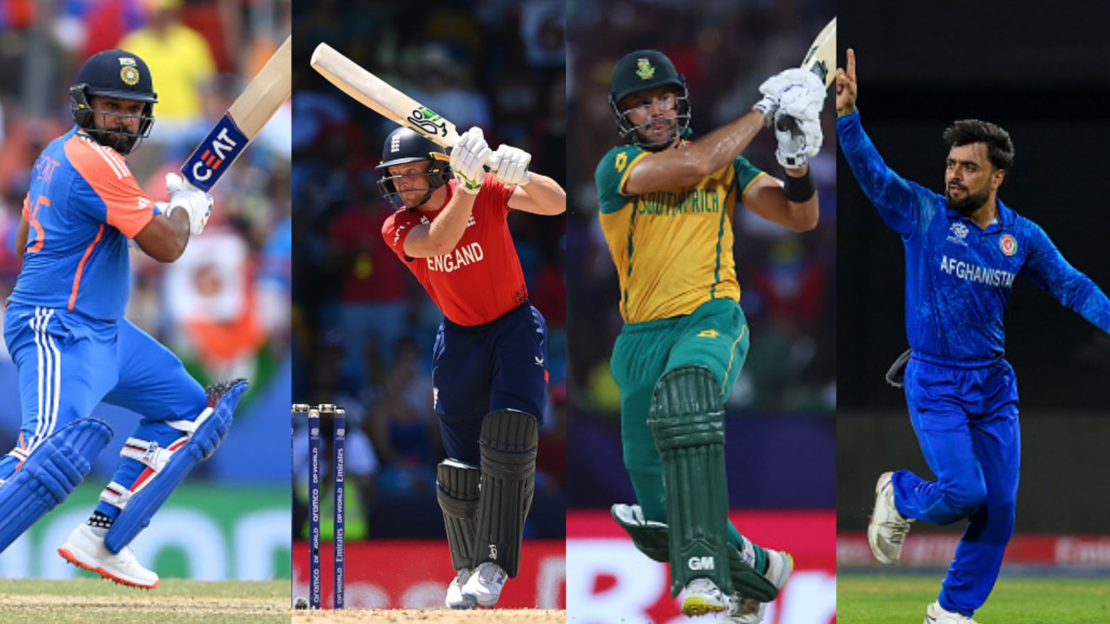 Explained: Reserve Day for AFG vs SA, but not for India vs England. Why ICC has different rules for both T20 World Cup semifinals? From Left: India's Rohit Sharma, England's Jos Buttler, South Africa's Aiden Markram and Afghanistan's Rashid Khan in this frame. (Getty)