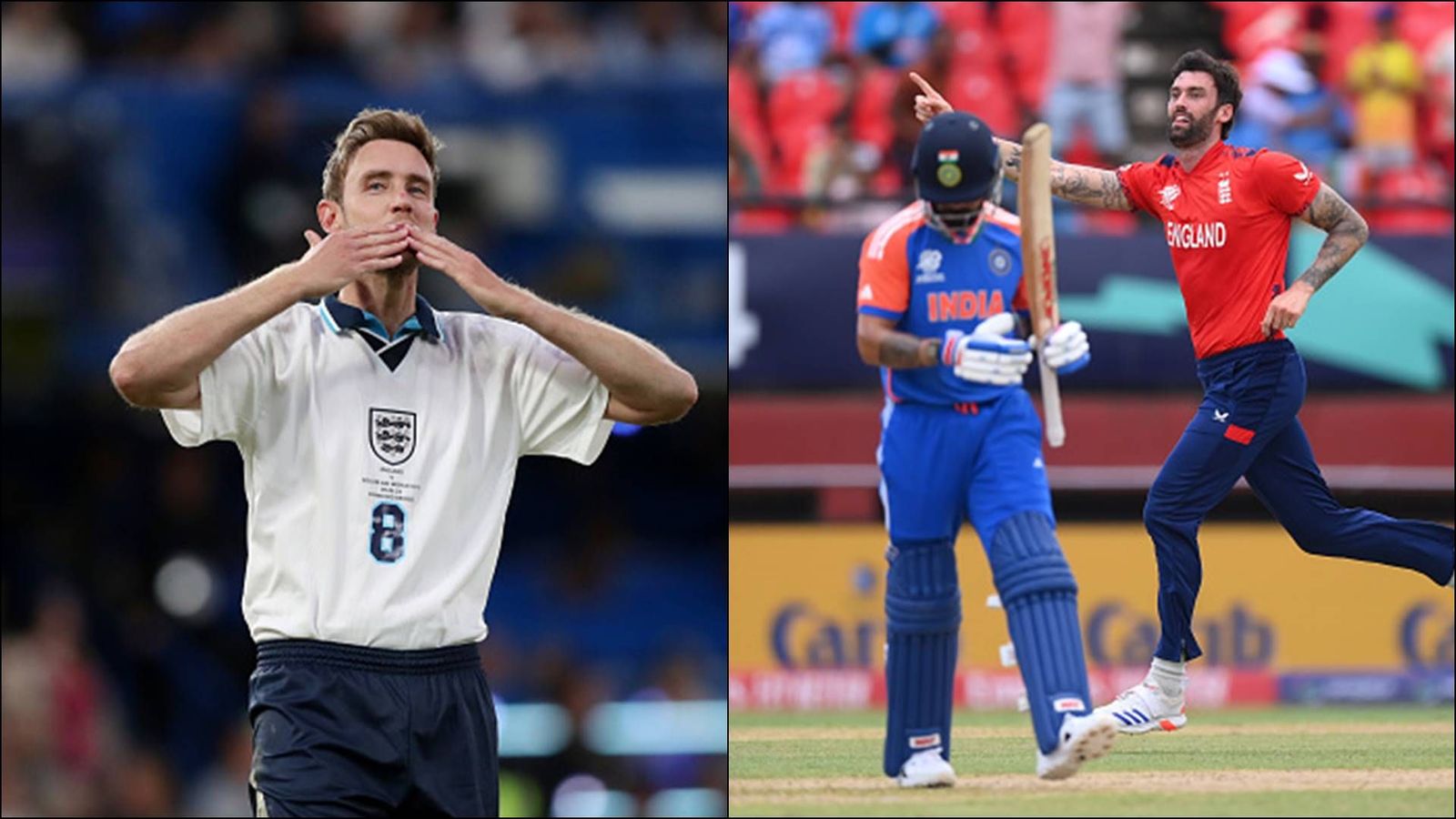 Stuart Broad takes a sly dig at Virat Kohli on ICC's post ahead of T20 World Cup 2024 final, deletes it amidst backlash Stuart Broad during a football match; Virat Kohli after losing his wicket to Reece Topley (Getty Images)