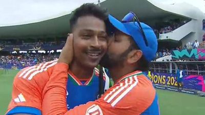 Hardik Pandya reacts to Rohit Sharma and Virat Kohli retiring from T20Is after T20 World Cup 2024 triumph, says 'There is a lot of time for 2026' Rohit Sharma kisses Hardik Pandya after India's T20 World Cup 2024 triumph (Screengrab: X)
