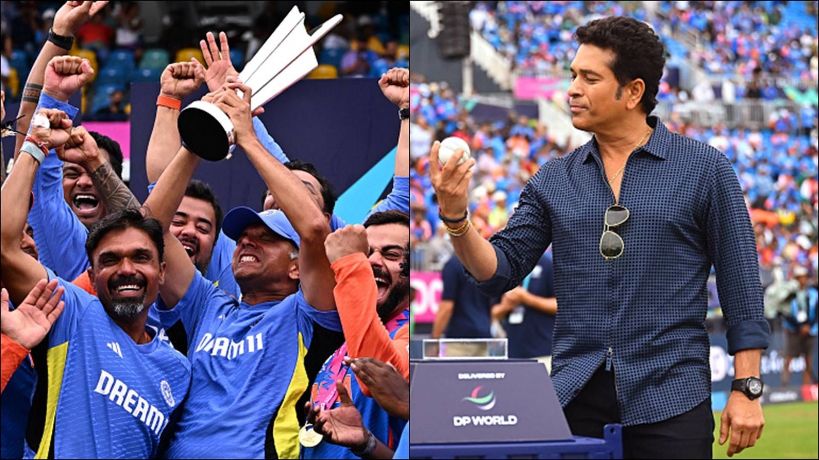 Sachin Tendulkar posts an emotional message for Rahul Dravid, says 'missed out on the 2011 World Cup win but...' Rahul Dravid lifts the T20 World Cup 2024 trophy; Sachin Tendulkar in frame as well (Getty Images)