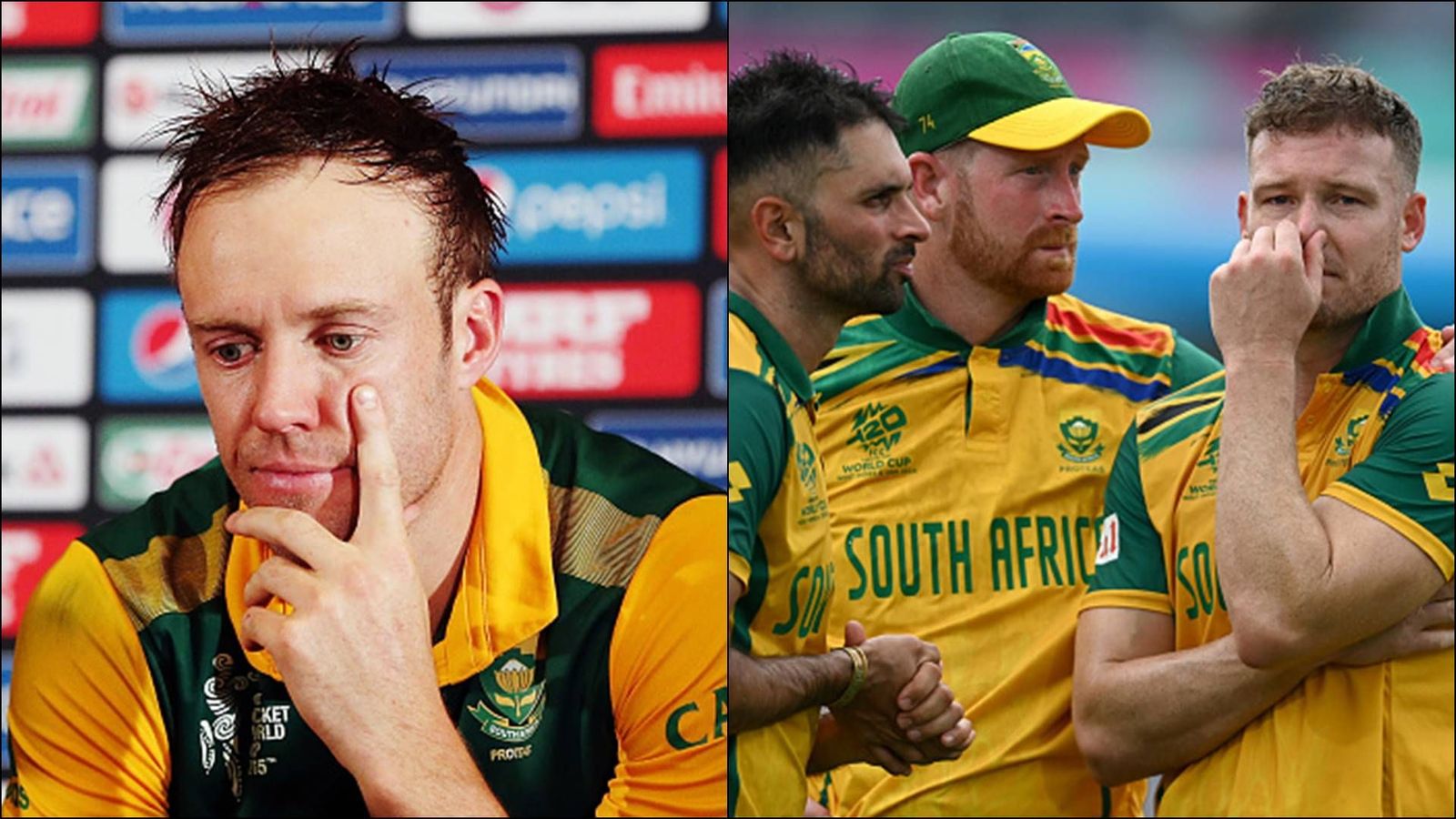 AB de Villiers finally reacts to South Africa's T20 World Cup 2024 final loss to India, says 'You went further than...' AB de Villiers during a press conference; Keshav Maharaj, Heinrich Klaasen and David Miller after T20 World Cup 2024 final loss (Getty Images)