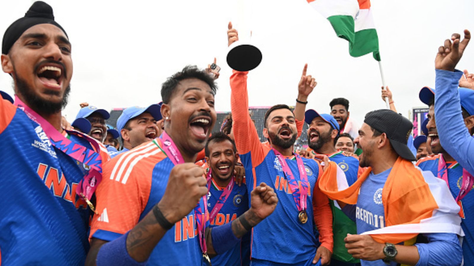 Big News: BCCI secretary Jay Shah announces massive prize money for T20 World Cup 2024 champions Team India Virat Kohli holds up the trophy with teammates including Rohit Sharma after India won the T20 World Cup 2024 trophy on June 29. (Getty)