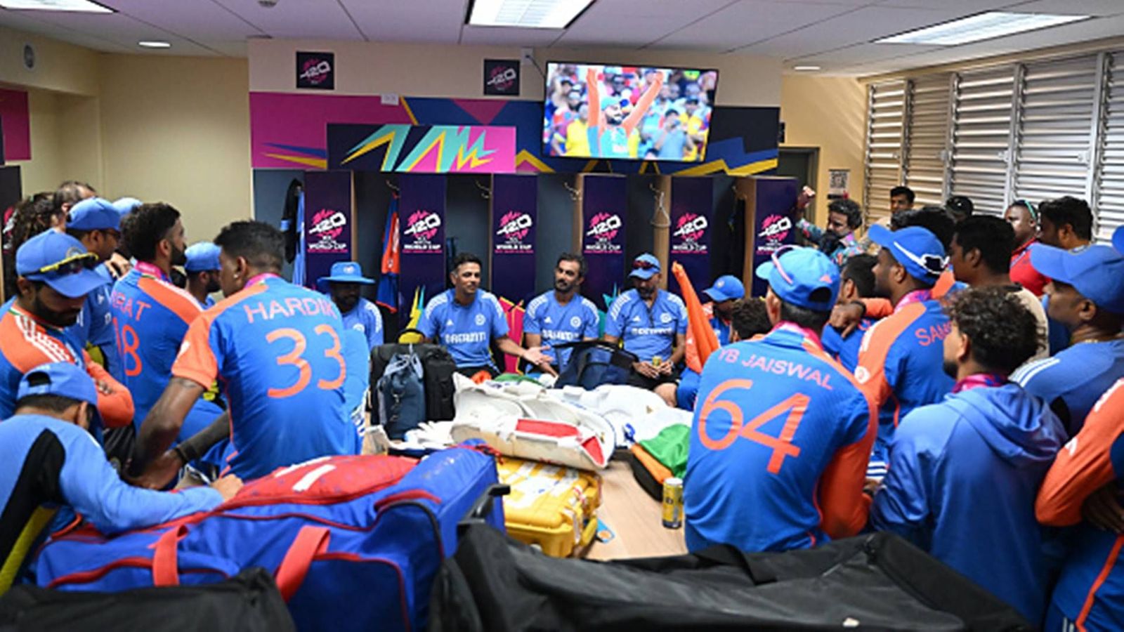 Big News: Amidst Hurricane Beryl, Team India's chartered flight arranged; here's when T20 World Cup 2024 champions will reach Delhi Team India sitting in the dressing room after T20 World Cup 2024 win (Getty Images)
