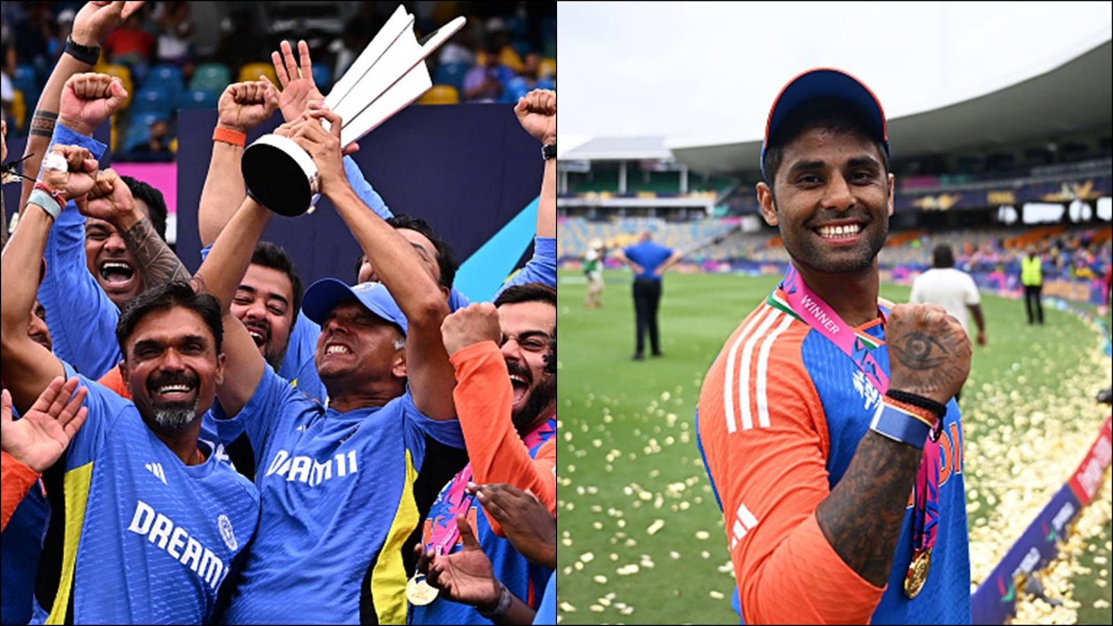 'Indranagar ke wall ko koi kabhi chupa nahi sakta': Suryakumar Yadav hails Rahul Dravid's sense of humour for special graph he showed before T20 World Cup 2024 Rahul Dravid lifts the T20 World Cup 2024 trophy; Suryakumar Yadav celebrates the win (Getty Images)