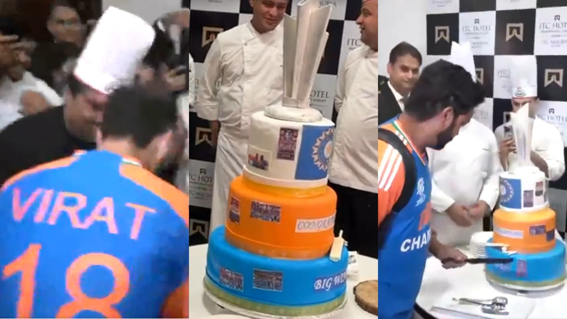 WATCH - Rohit Sharma, Virat Kohli cut special chocolate-made T20 World Cup trophy cake before meeting Prime Minister Narendra Modi Rohit Sharma and Virat Kohli cut cake (Twitter screen grab)