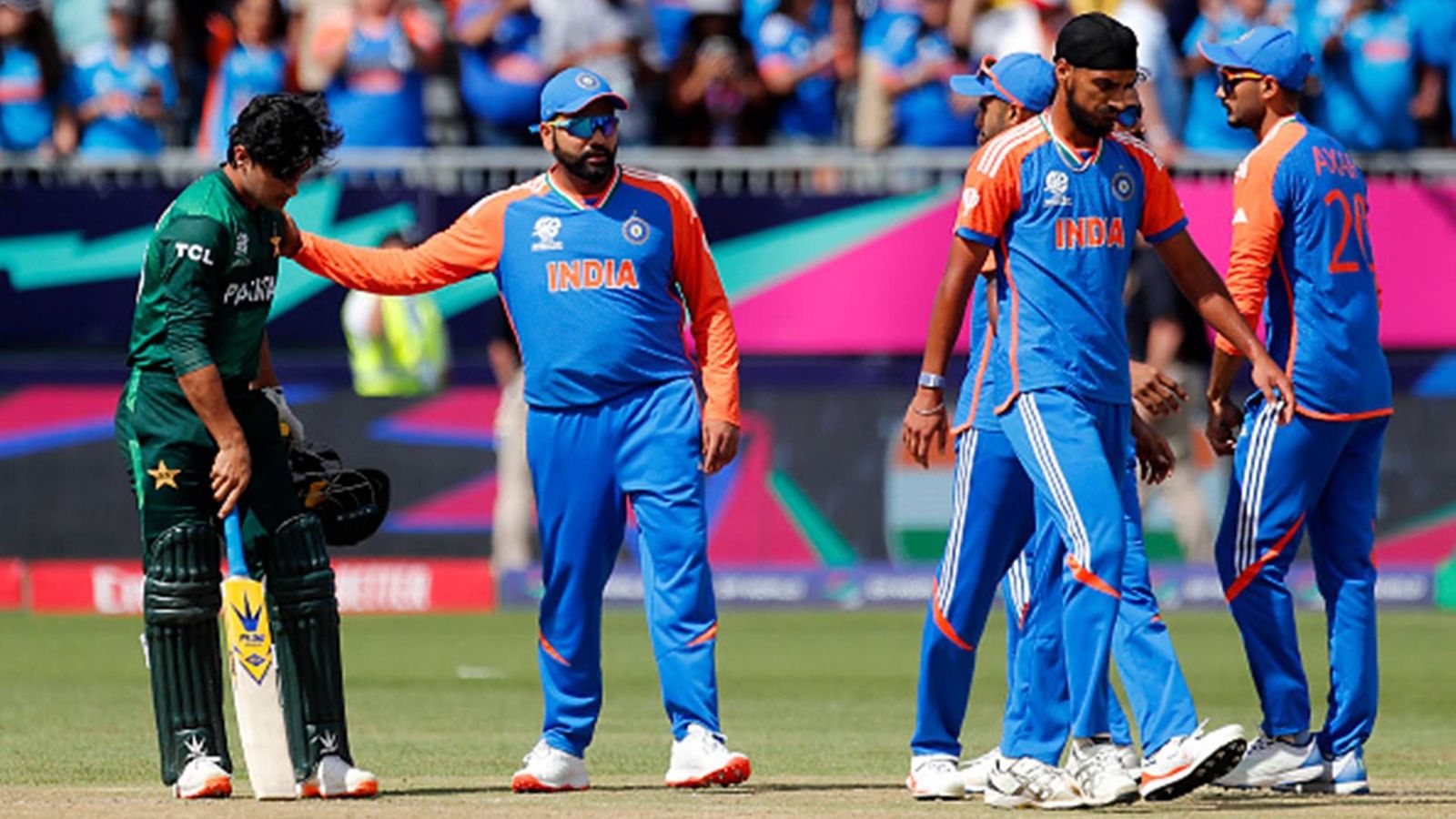 India vs Pakistan Champions Trophy 2025 at neutral venue? All eyes on ICC meeting in Sri Lanka for big update Rohit Sharma consoles a dejected Naseem Shah (Getty Images)
