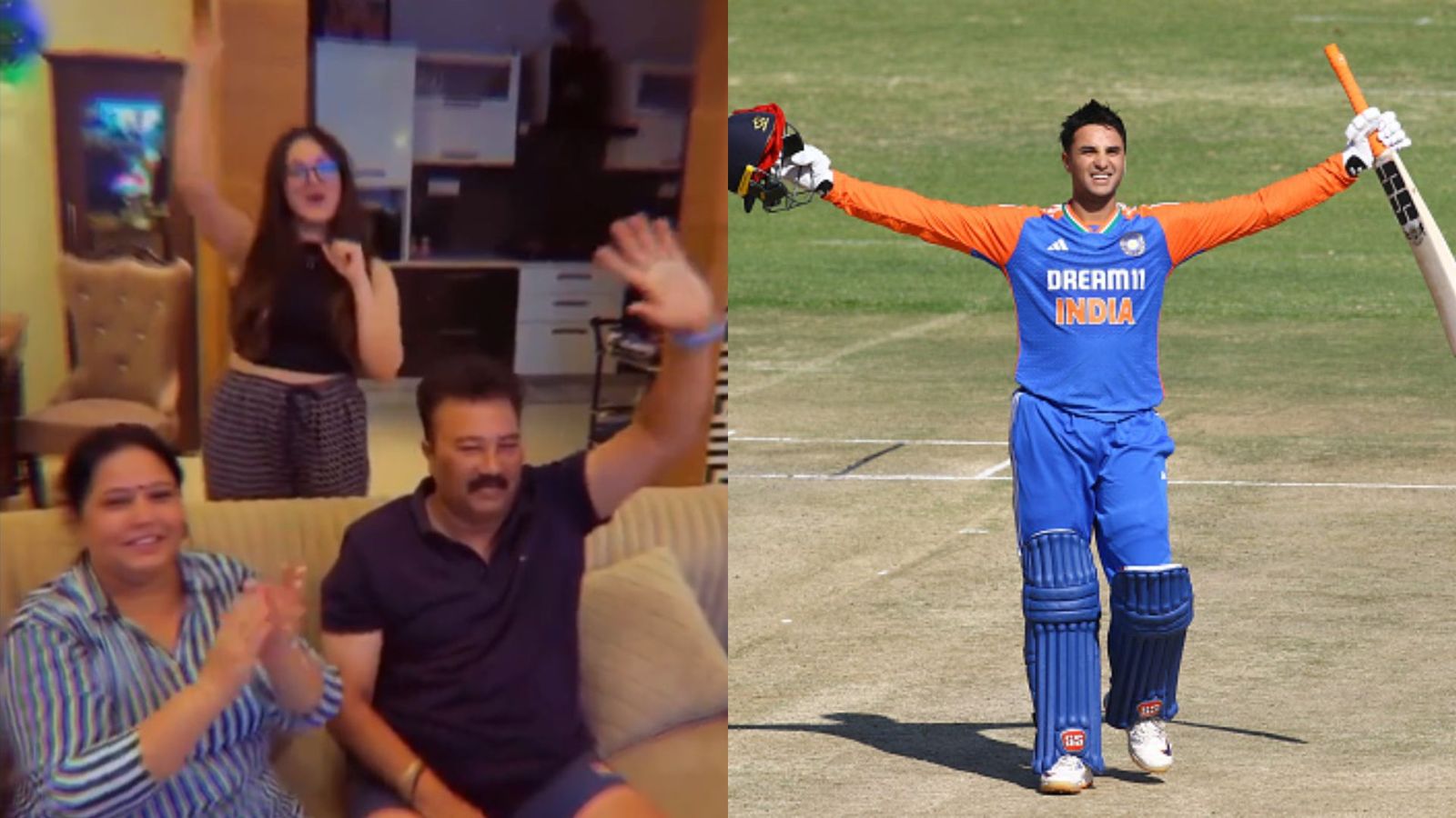 WATCH - Abhishek Sharma's parents' reaction to son's maiden International century will melt your heart, sister Komal shares beautiful video Abhishek Sharma's family reacts to his maiden ton (Twitter screen grab and Getty)