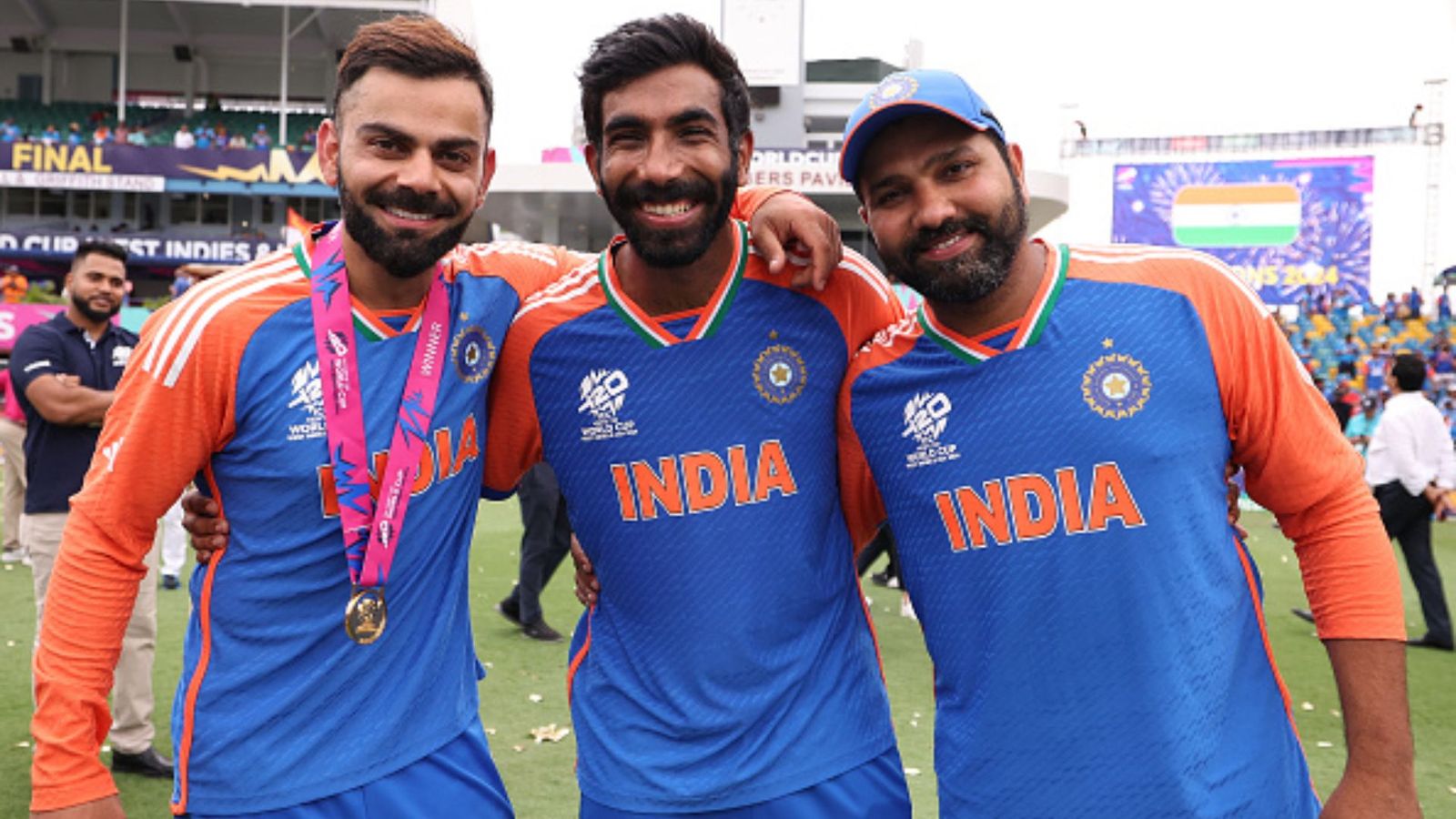 BCCI delays Virat Kohli, Rohit Sharma, Jasprit Bumrah's return, likely to exclude them from Sri Lanka tour Virat Kohli, Jasprit Bumrah, and Rohti Sharma in frame (Getty)