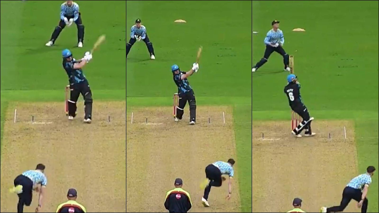 WATCH: England all-rounder smashes ex-RCB pacer for 34 runs in final over of innings, then takes four wickets to win the game Matthew Waite smashes George Garton for sixes in final over (Screengrab: X)