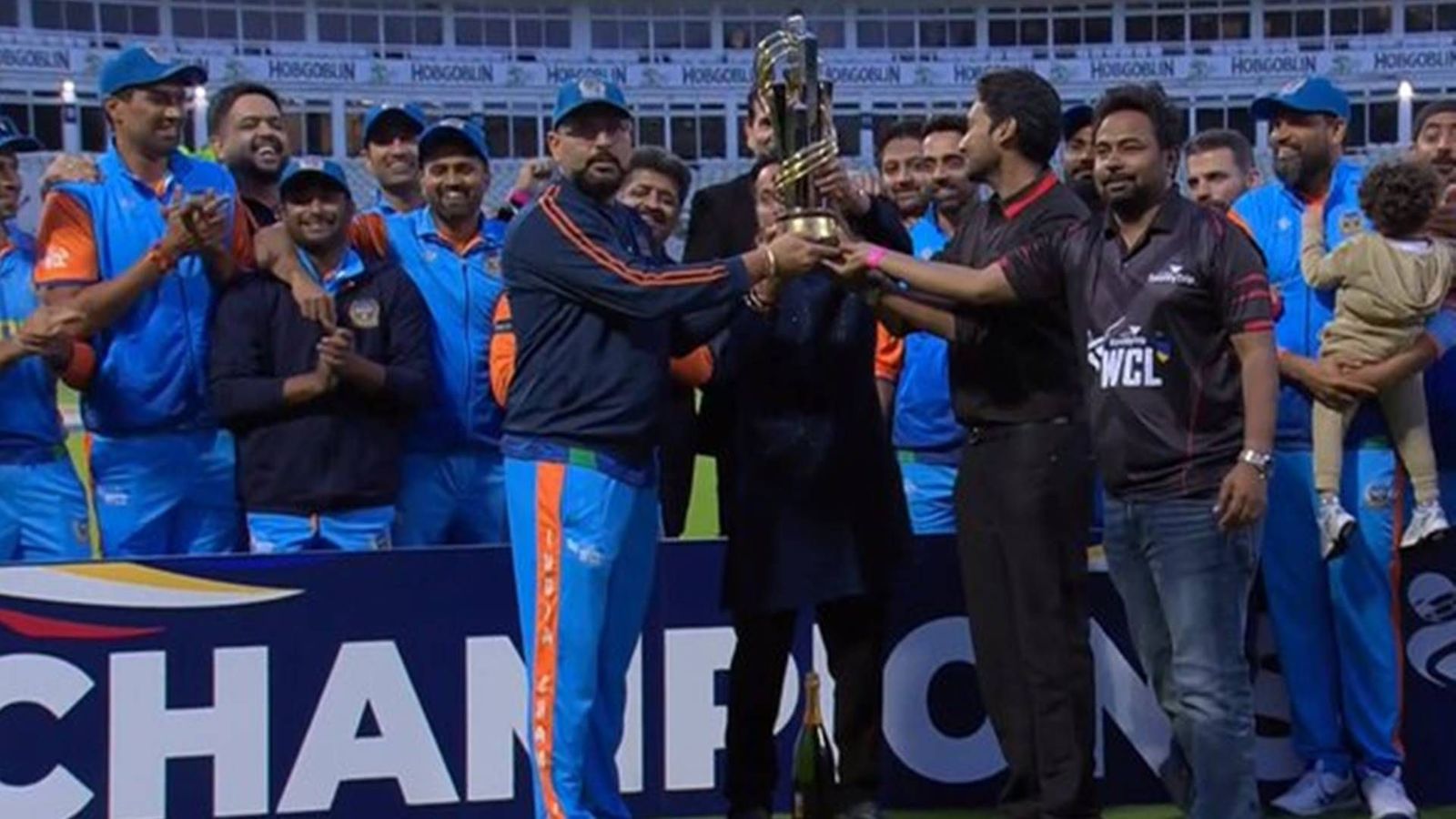 Ambati Rayudu's fifty, Yusuf Pathan's cameo helps India beat Pakistan in World Championship of Legends 2024 final Yuvraj Singh lifts the World Championship of Legends trophy (Screengrab: X)