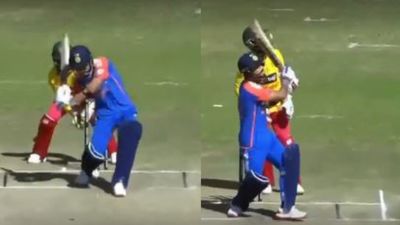 WATCH: Riyan Parag stuns with massive 107-metre six in his 1st International maximum during IND vs ZIM 5th T20I Riyan Parag stuns with massive 107-metre six in his 1st International maximum during IND vs ZIM 5th T20I. (Screengrab-X)