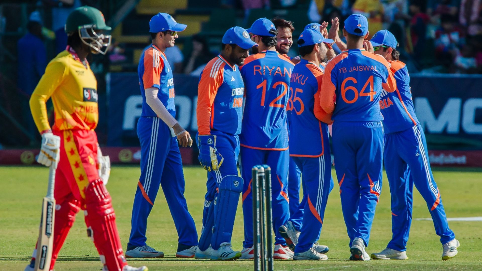 IND vs ZIM: Shubman Gill's men sign off Zimbabwe series in style as Samson-Mukesh-inspired India clinch 5th T20I by 42 runs Indian players celebrate after winning the 5th T20I over Zimbabwe on July 14. (X)