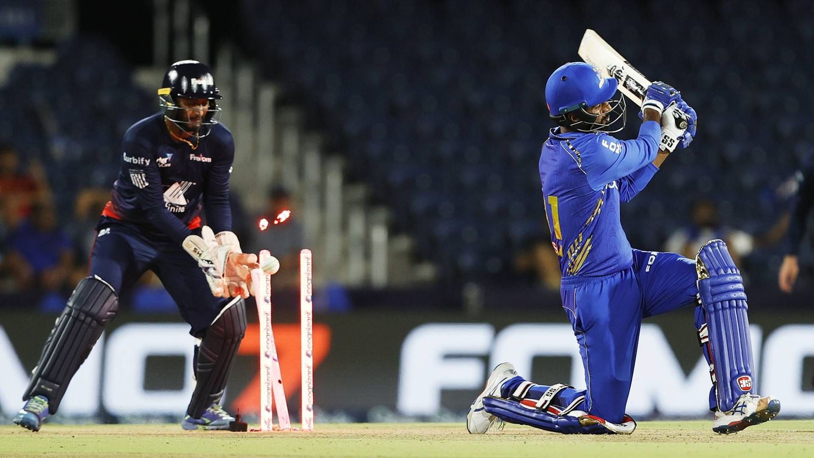Defending Champions MI New York on brink of elimination after getting all out for 88, Steve Smith's Washington Freedom qualify for MLC 2024 playoffs MI New York's Ehsan Adil gets bowled by Glenn Maxwell (Photo Courtesy: MLC)