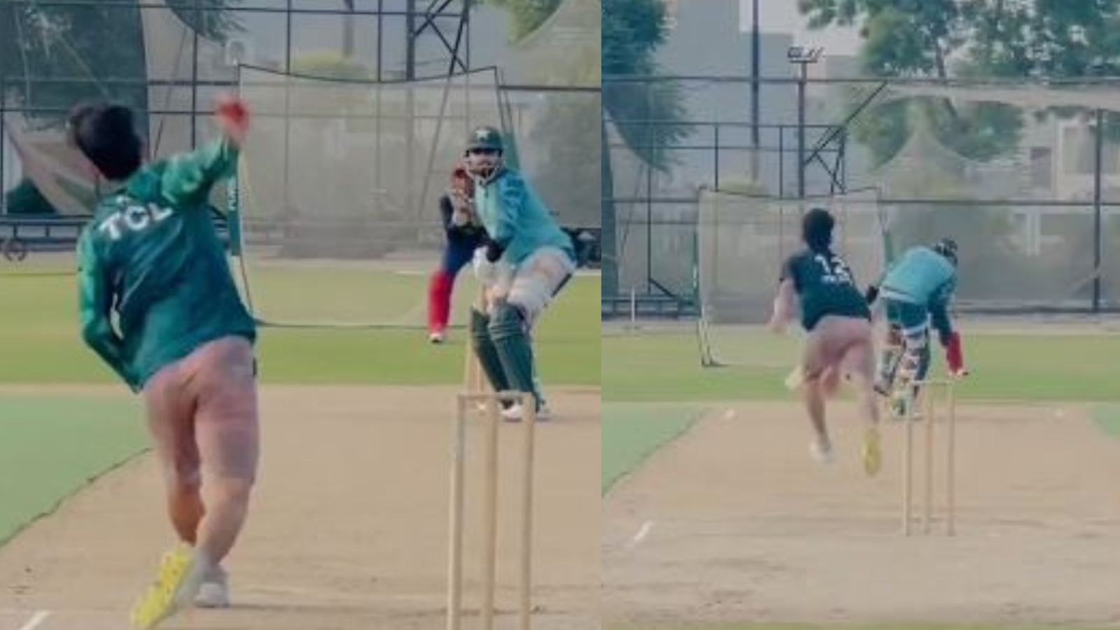 WATCH: Pakistan's Babar Azam has tough time in nets facing Naseem Shah's brother, endures painful blow Babar Azam in action during nets session. (Screengrab-X)