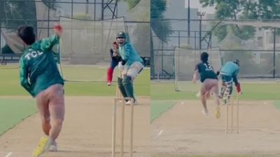 WATCH: Pakistan's Babar Azam has tough time in nets facing Naseem Shah's brother, endures painful blow Babar Azam in action during nets session. (Screengrab-X)