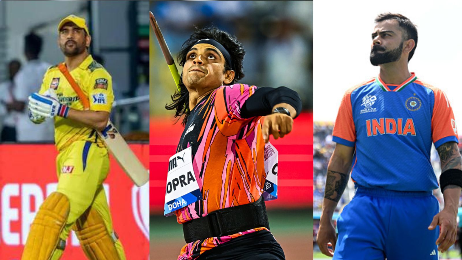 'Never compare myself to Virat Kohli or MS Dhoni..': Neeraj Chopra's candid opinion on cricket craze in India From left: Former India captain MS Dhoni, javelin star Neeraj Chopra and batting maestro Virat Kohli in this frame. (Getty)