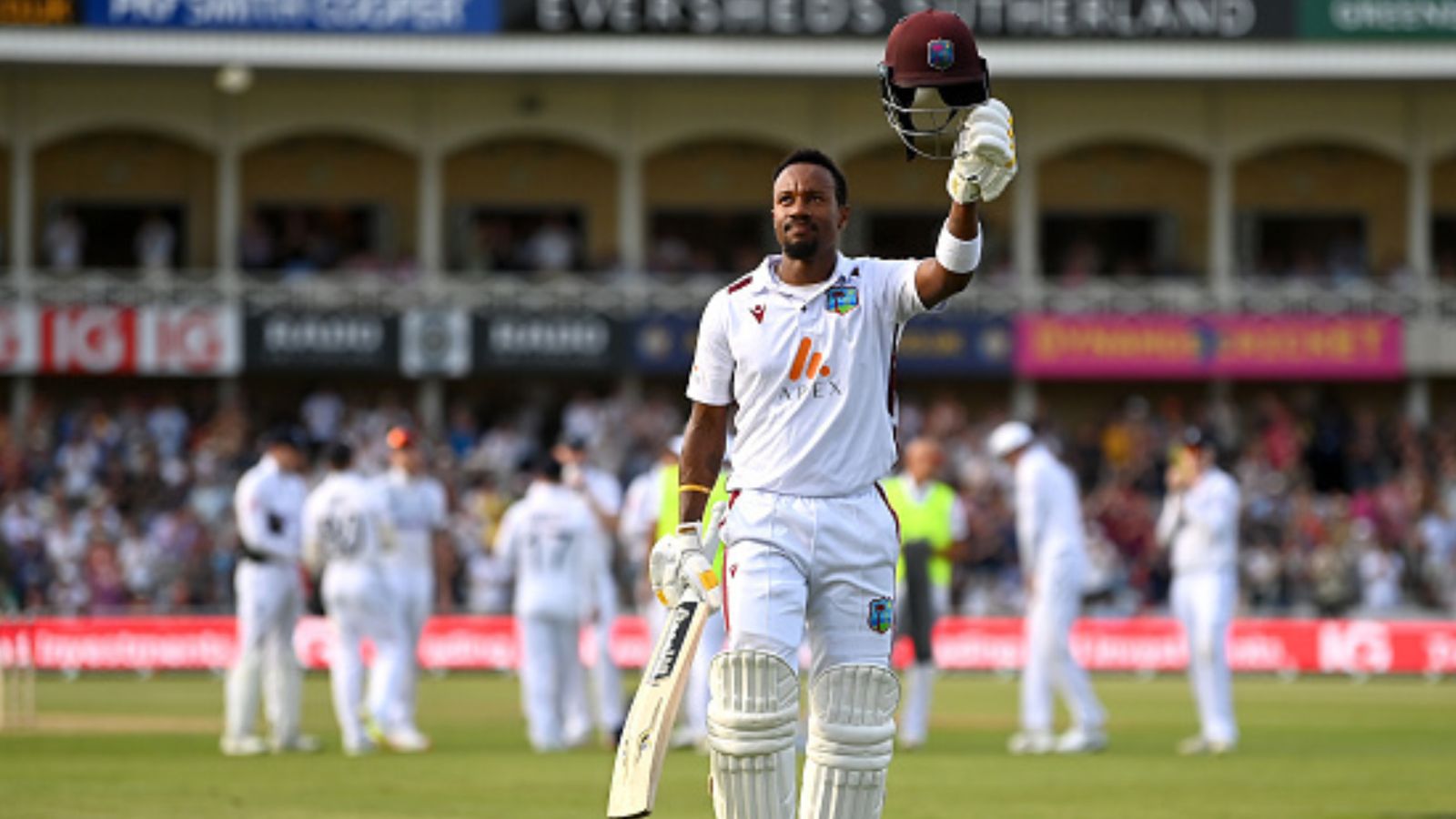 ENG vs WI, 2nd Test: Kavem Hodge's maiden century helps West Indies give strong retort to England with 351/5 at close of Day 2 West Indies' Kavem Hodge leaves the field after being dismissed for 120 runs by Chris Woakes of England during Day 2 of the 2nd Test at Trent Bridge on July 19, 2024 in Nottingham. (Getty)