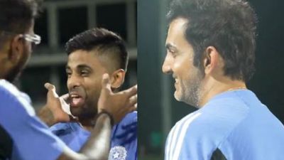 Watch: Gautam Gambhir in splits as Suryakumar Yadav, Hardik Pandya share warm moment during India's fun-filled fielding drill Gautam Gambhir in splits as Suryakumar Yadav, Hardik Pandya share warm moment during India's fun-filled fielding drill. (Screengrab-X)