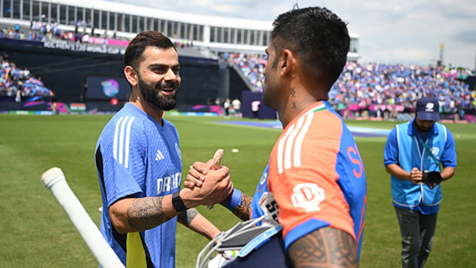 Suryakumar Yadav equals Virat Kohli's T20I world record in 56 fewer games with 26-ball 58 captain's knock Virat Kohli and Suryakumar Yadav after T20 World Cup 2024 game (Getty Images)