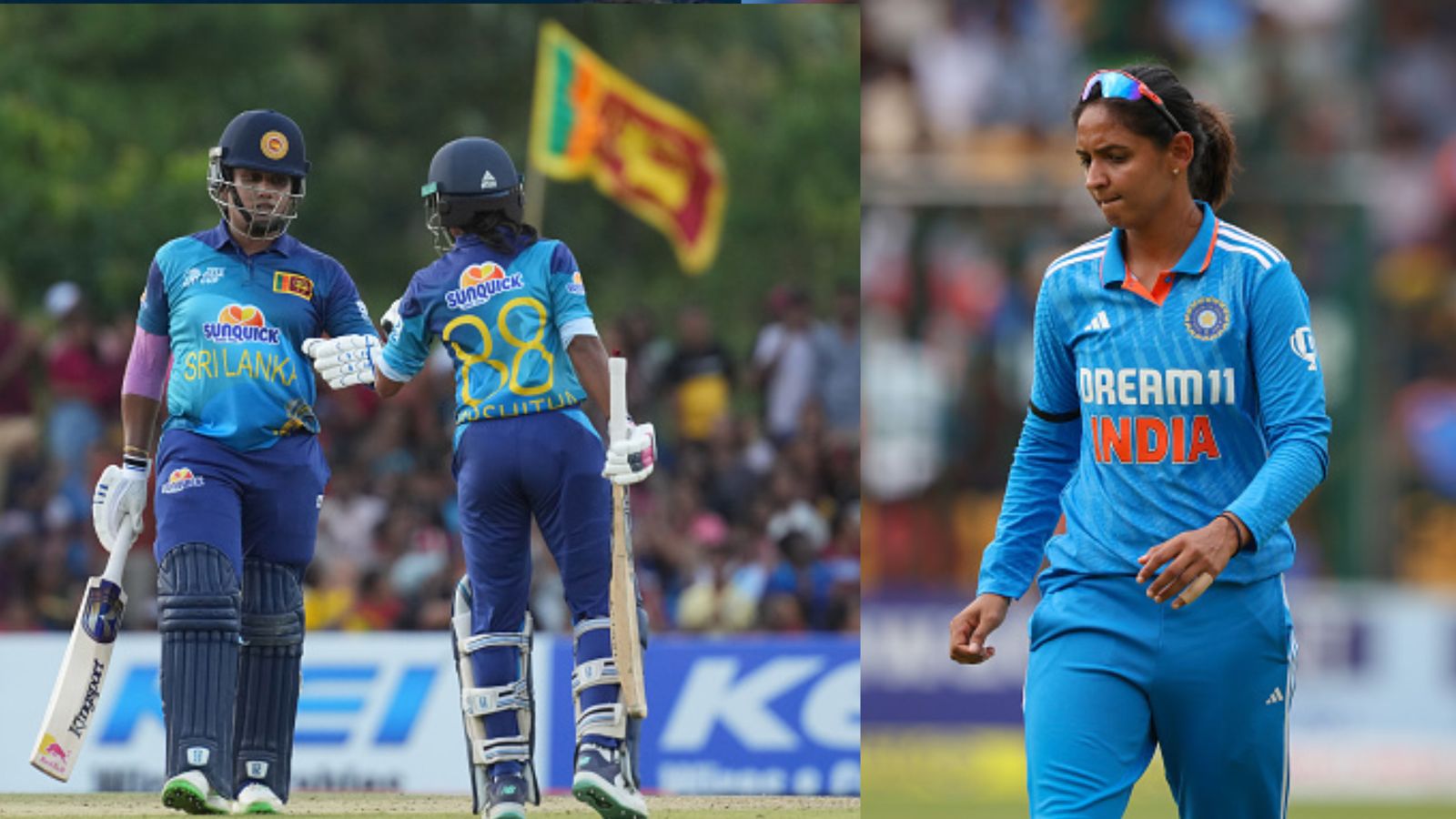 Athapaththu-Samarawickrama duo stuns defending champions India to help Sri Lanka lift maiden Women's Asia Cup title with 8-wicket win in final Sri Lanka's Chamari Athapaththu (L) and Harshitha Samarawickrama and India's Harmanpreet Kaur in this frame. (Getty)