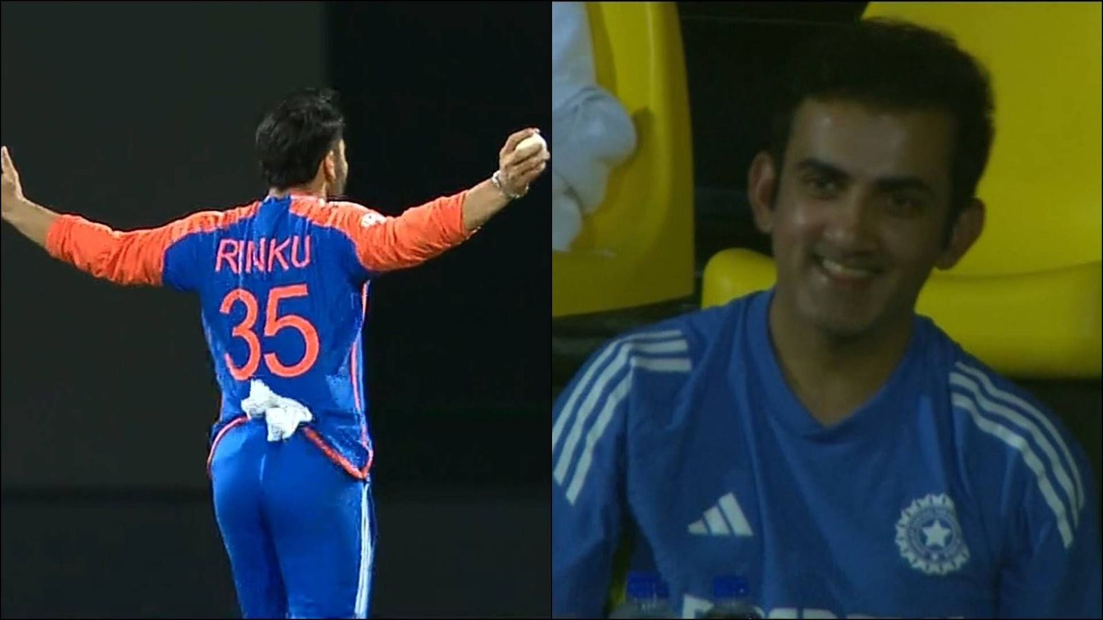 Gautam Gambhir couldn't stop smiling as Rinku Singh takes his maiden T20I wicket to turn game upside down; watch video Gautam Gambhir reacts to Rinku Singh's maiden T20I wicket (Screengrab: X)