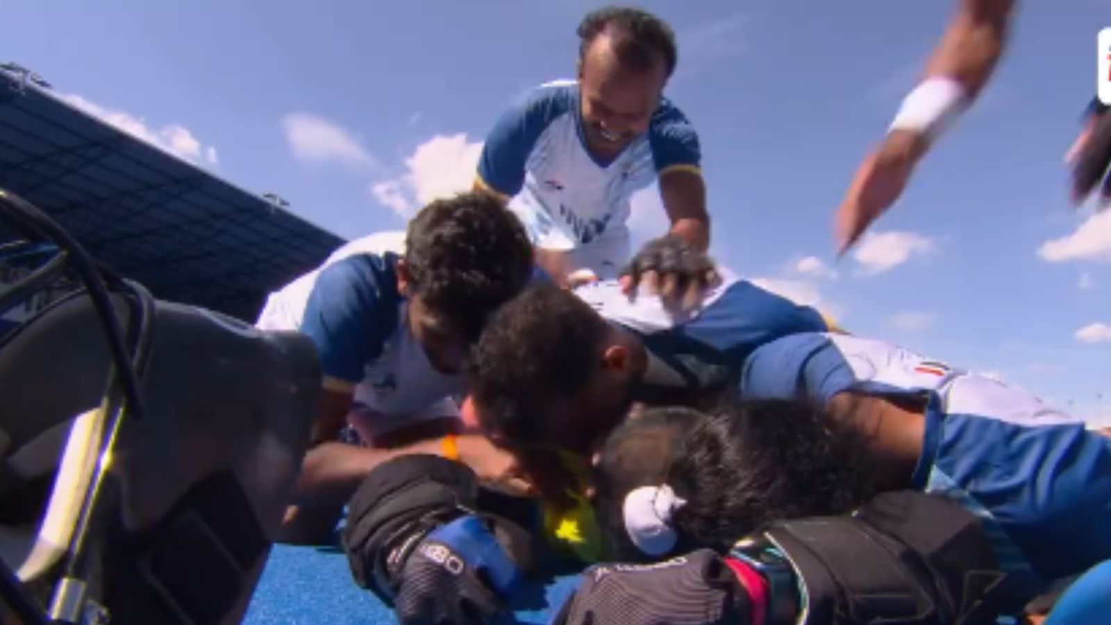 WATCH: Indian hockey team breaks into wild celebration after securing bronze medal in Paris Olympics; video goes viral Indian hockey team breaks into wild celebration after securing bronze medal in Paris Olympics. (Screengrab-X)