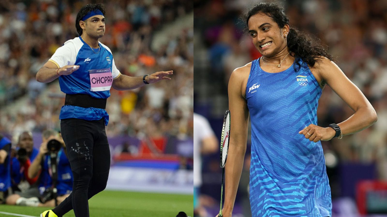 PV Sindhu hails Neeraj Chopra as Indian Javelin star joins elite list after silver in Paris Olympics 2024 Neeraj Chopra and PV Sindhu in frame (Getty)