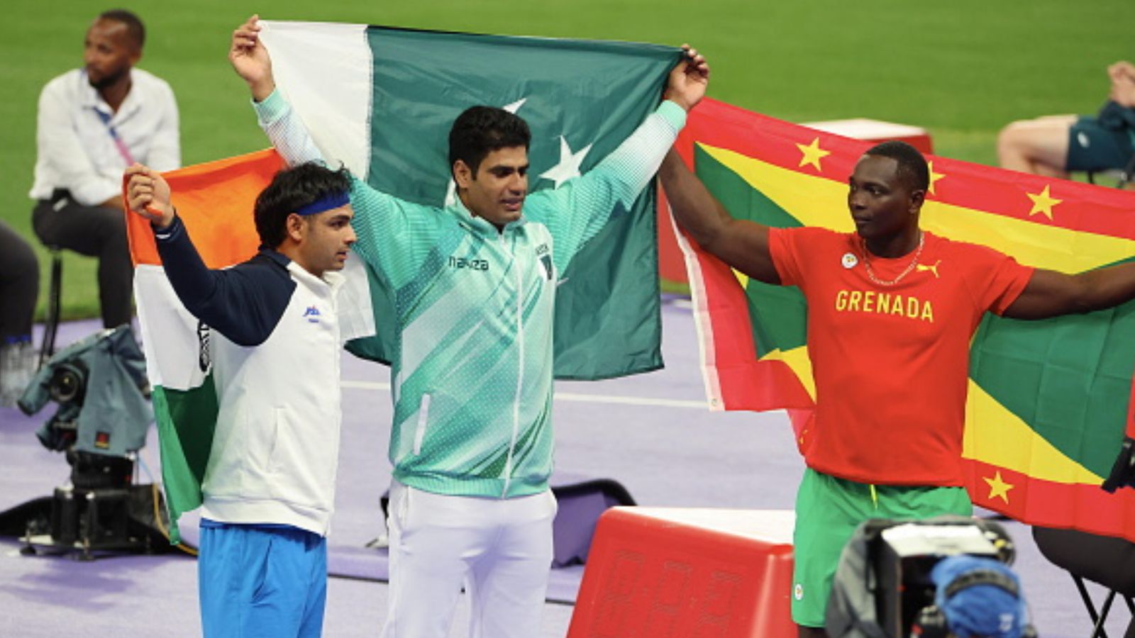Paris Olympics: When did Pakistan last outrank India on the Olympic medal table? Take a look Silver medalist Neeraj Chopra of Team India (left), Gold medalist Arshad Nadeem of Team Pakistan (centre) and Anderson Peters of Team Grenada celebrate after competing in the the Men's Javelin Throw Final at Paris Olympics. (Getty)
