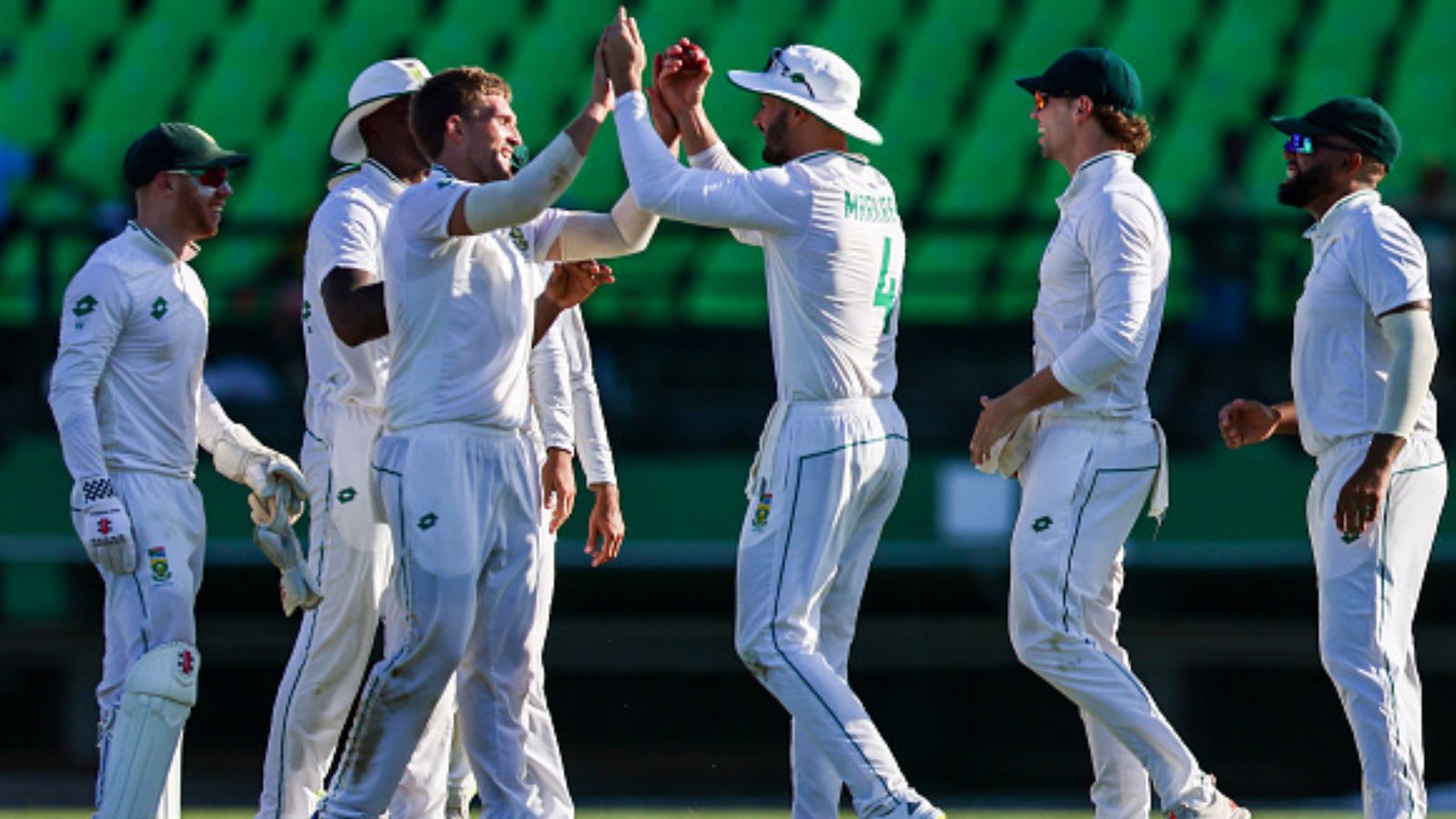 WI vs SA, 2nd Test: Wiaan Mulder, Dane Piedt propel South Africa ahead as 17 wickets tumble in Day 1 drama South Africa's Wiaan Mulder celebrates with teammates during Day 1 of the 2nd Test against West Indies at Guyana National Stadium on August 15. (Getty)
