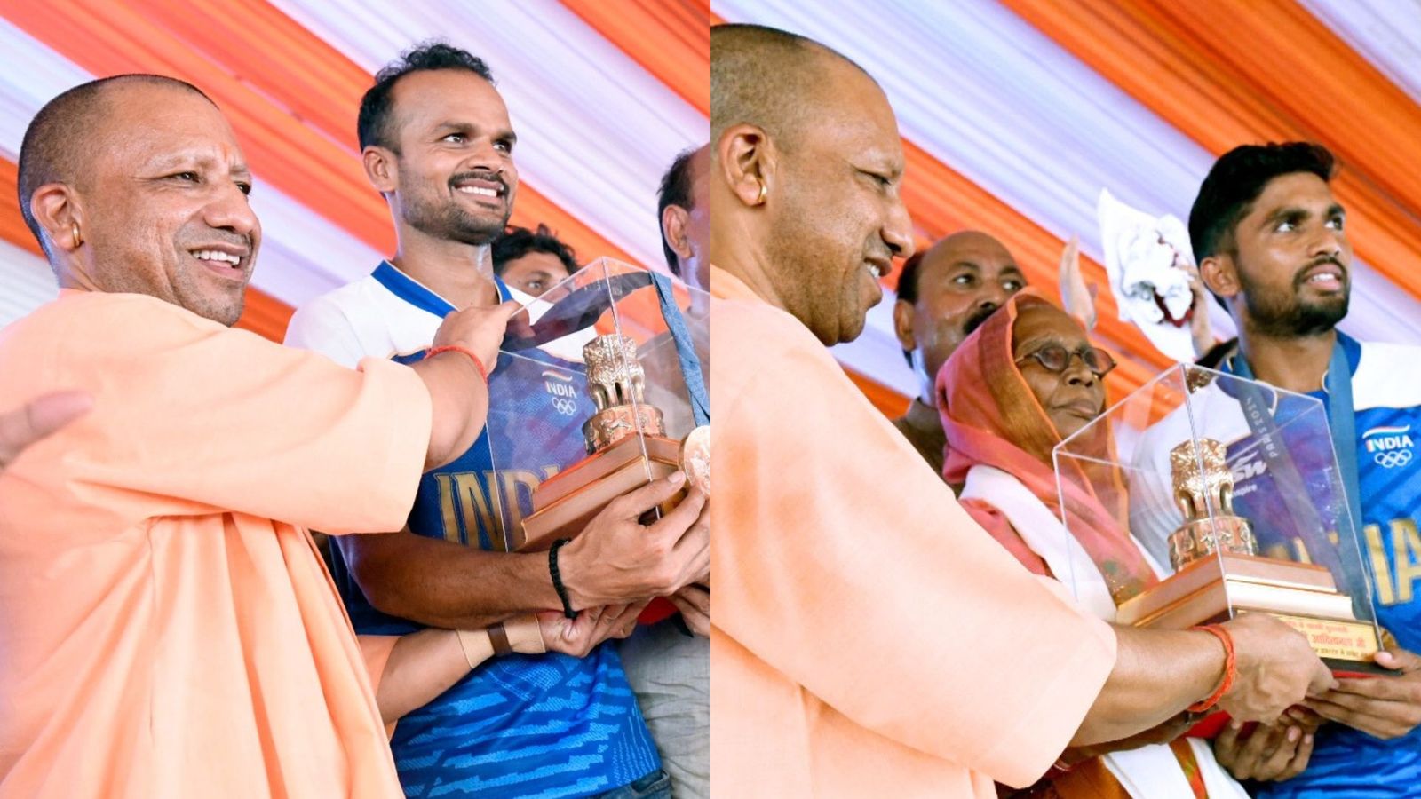 UP CM Yogi Adityanath felicitates Indian hockey players Lalit Upadhyay, Rajkumar Pal for Paris Olympics bronze medal UP CM Yogi Adityanath felicitates Indian hockey players Lalit Upadhyay, Rajkumar Pal for Paris Olympics bronze medal