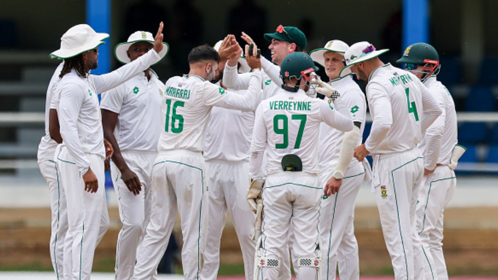 WI vs SA: Maharaj, Rabada help South Africa record 10th straight series victory over West Indies with 40-run win in 2nd Test South Africa's Keshav Maharaj celebrates with teammates during day 3 of the 2nd Test against West Indies. (Getty)