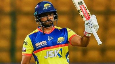 Unsold in IPL 2024 auction, former Rajasthan Royals batter smashes 9 sixes in unbeaten 124 in Maharaja T20 Trophy Mysuru Warriors captain Karun Nair celebrates his fifty (Photo Courtesy: X)