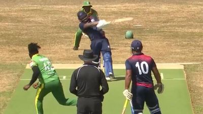 Batter from 77th ranked T20I side smashes 39 runs in an over to break Yuvraj Singh's record; watch video Darius Visser hits a six in the 39-run over (Screengrab: ICC)