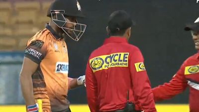Manish Pandey lashes out at umpire for giving him out caught behind in Maharaja T20 Trophy; watch video Manish Pandey in a heated exchange with the umpire (Screengrab: X)