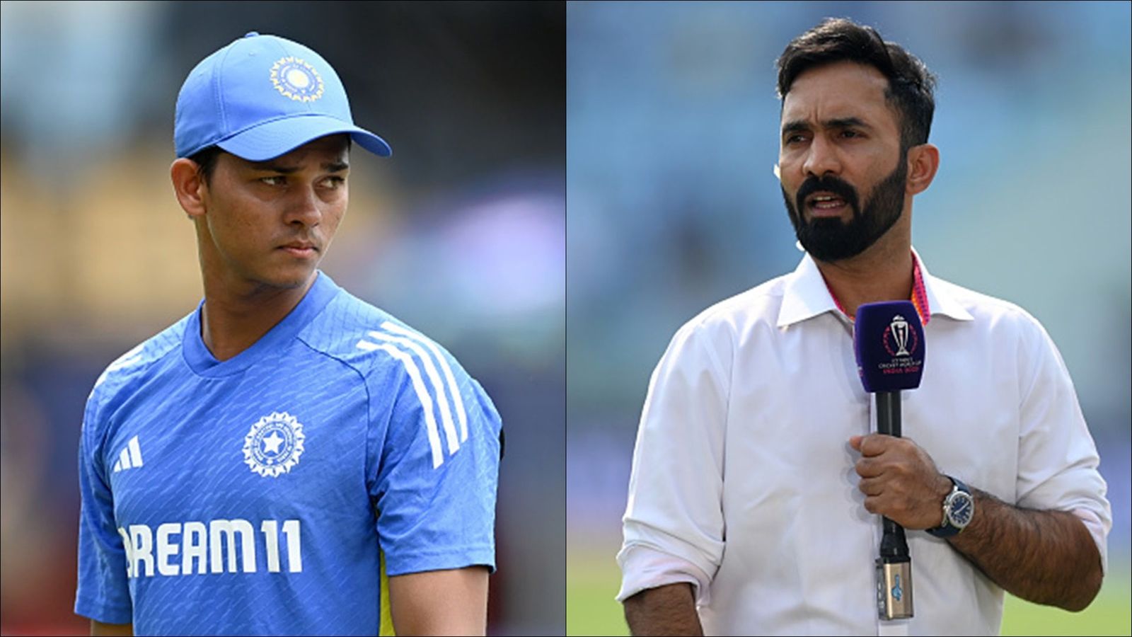 '...if Shubman doesn't go as well as expected': Dinesh Karthik labels Yashasvi Jaiswal as 'back-up opener' for Champions Trophy 2025 Yashasvi Jaiswal during practice session; Dinesh Karthik as broadcaster (Getty Images)