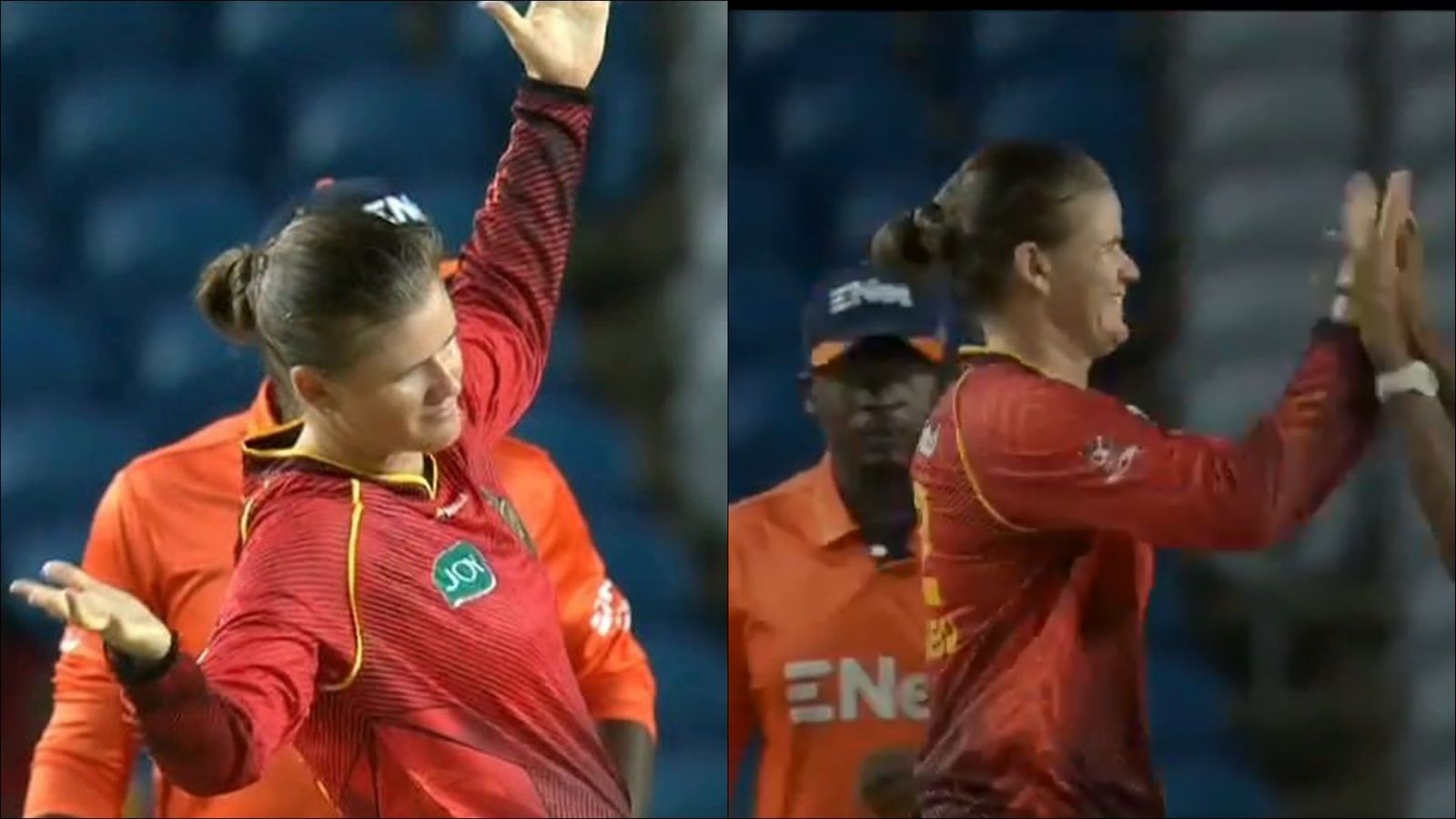 Trinbago Knight Riders' Australian recruit imitates Shah Rukh Khan's iconic pose after taking Aaliyah’s wicket against Royals; watch video Jess Jonassen celebrates a wicket against Barbados Royals (Screengrab: X)