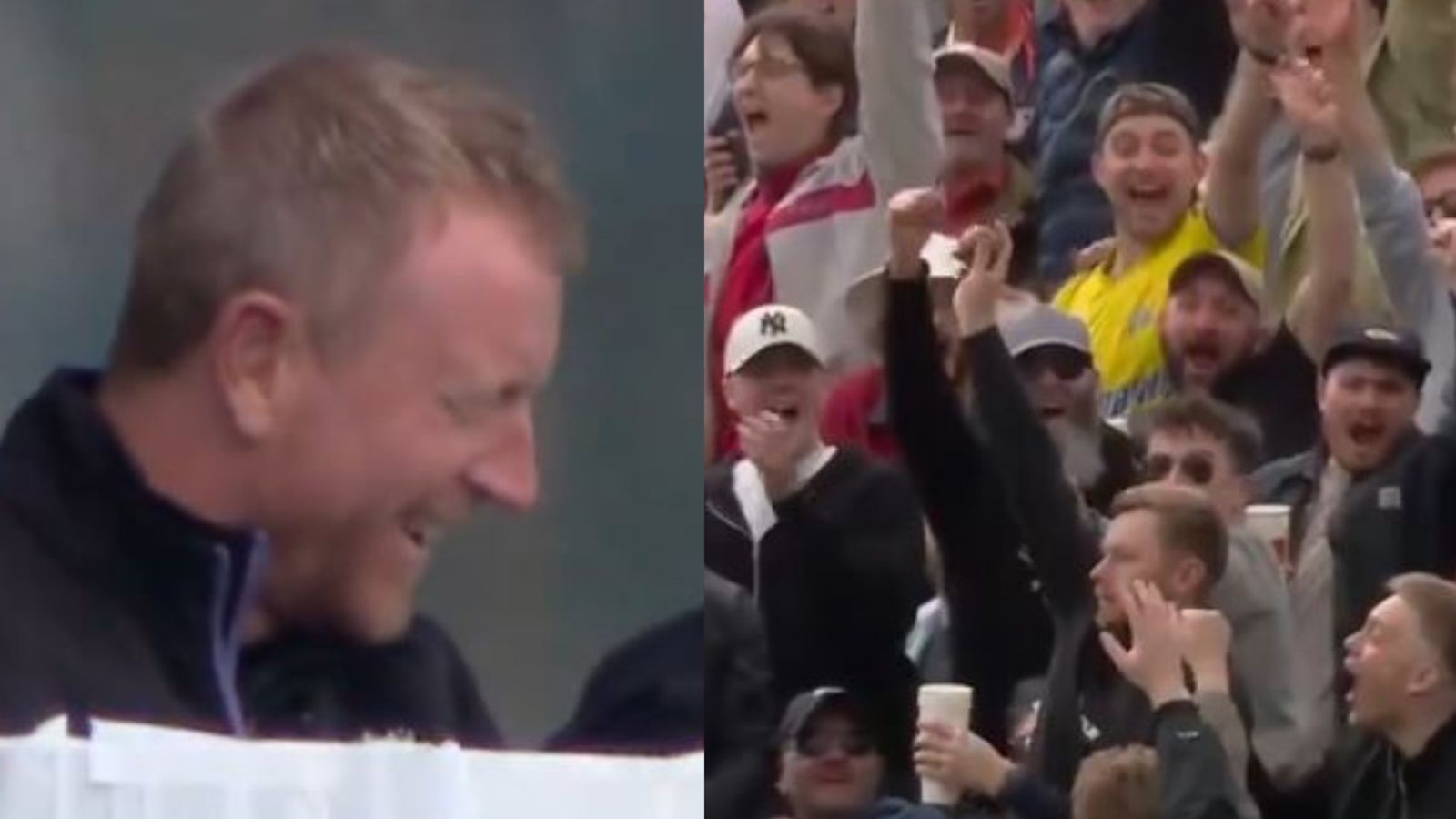 Watch: England mentor in awe as fan takes stunning one-handed catch while holding beer at stands in ENG vs SL 1st Test Watch: England mentor in awe as fan takes stunning one-handed catch while holding beer at stands in ENG vs SL 1st Test