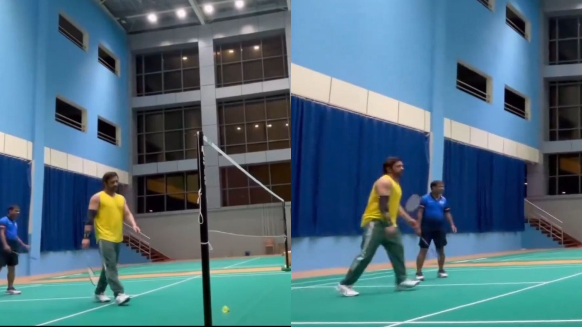 MS Dhoni badminton sporting yellow jersey, his smash leaves opponent stunned; video goes viral MS Dhoni (x Screengrab)