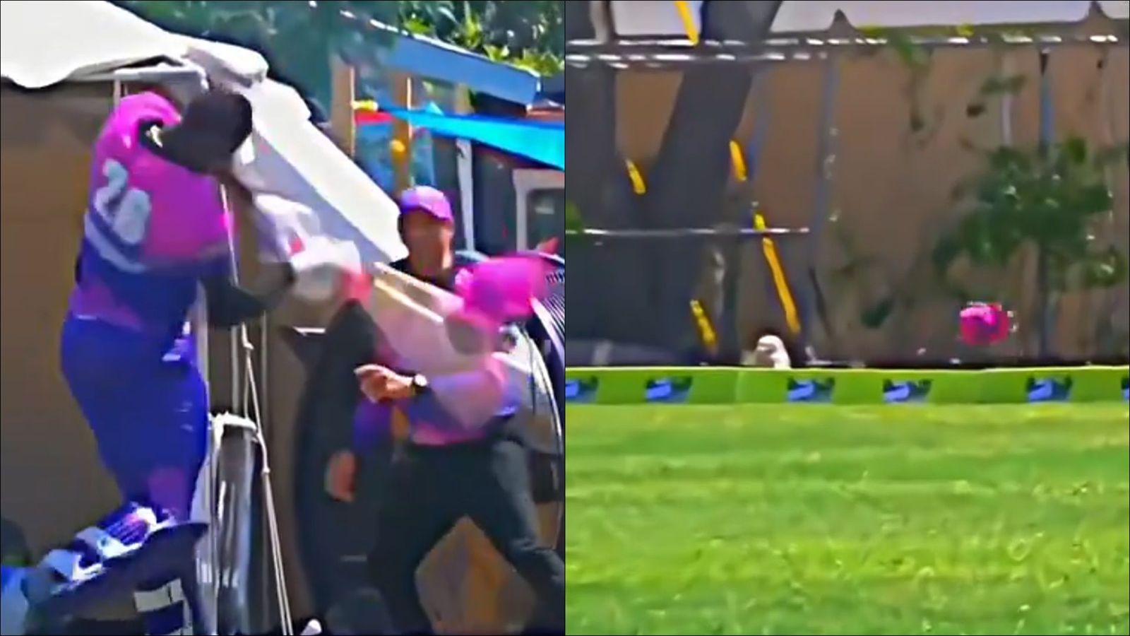 T20 World Champion Carlos Brathwaite smashes his helmet out of the ground after getting out in T10 League match; watch viral video Carlos Brathwaite hits his helmet with bat after getting out (Screengrab: X)
