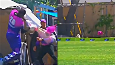 T20 World Champion Carlos Brathwaite smashes his helmet out of the ground after getting out in T10 League match; watch viral video Carlos Brathwaite hits his helmet with bat after getting out (Screengrab: X)