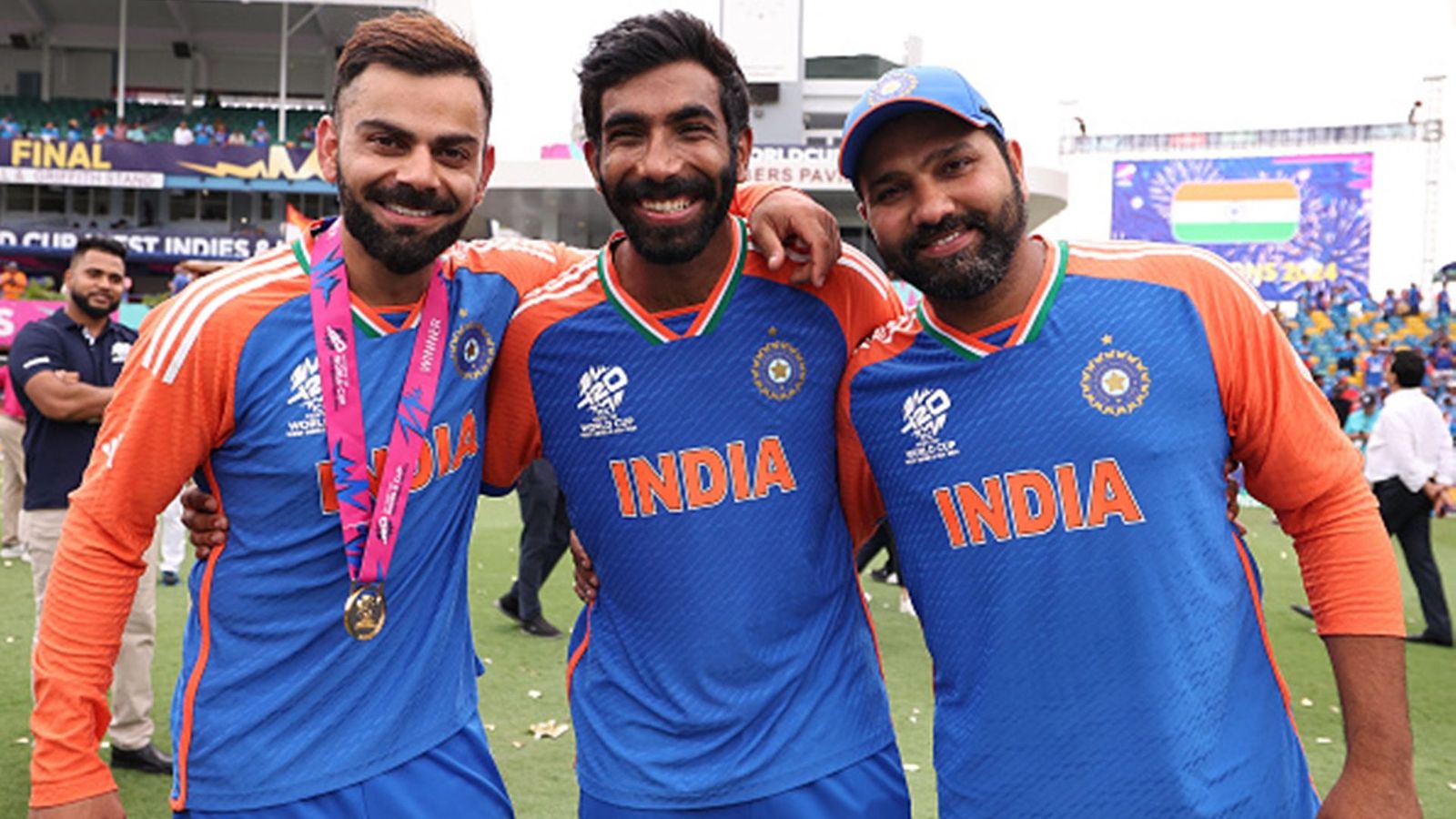 Sanjay Manjrekar unhappy with Rohit Sharma, Virat Kohli & Jasprit Bumrah skipping Duleep Trophy, shares statistics to prove they are 'well rested' Virat Kohli, Jasprit Bumrah and Rohit Sharma after India's T20 World Cup 2024 triumph (Getty Images)
