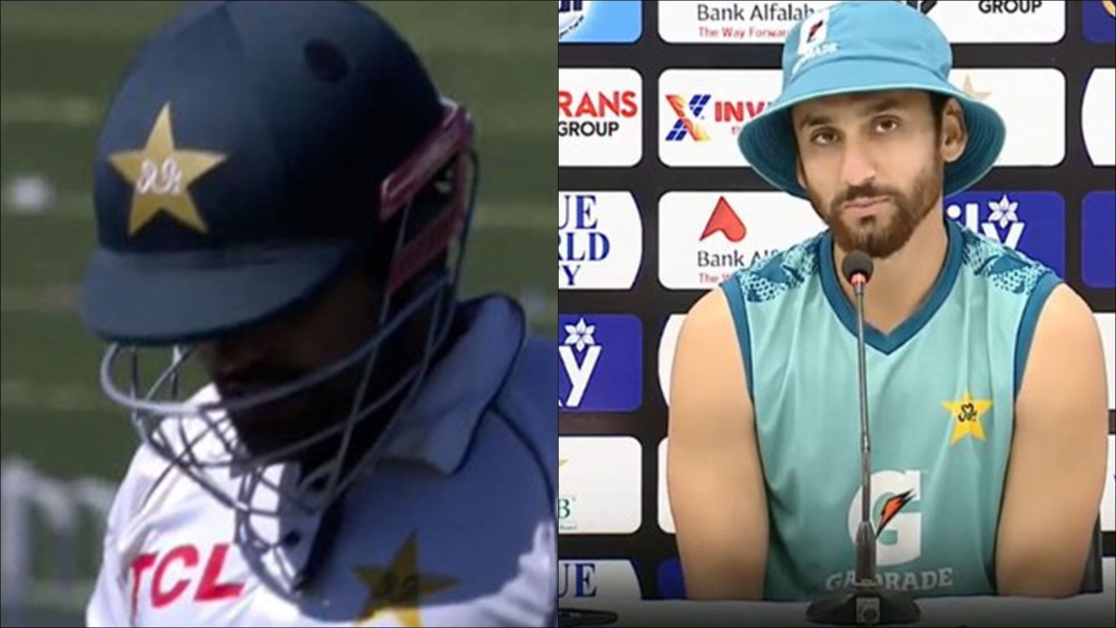 'There are 10 other players in the team, you should focus on them': Agha Salman defends Babar Azam amid poor form in Test cricket Babar Azam after losing his wicket; Agha Salman in press conference (Screengrab: X)