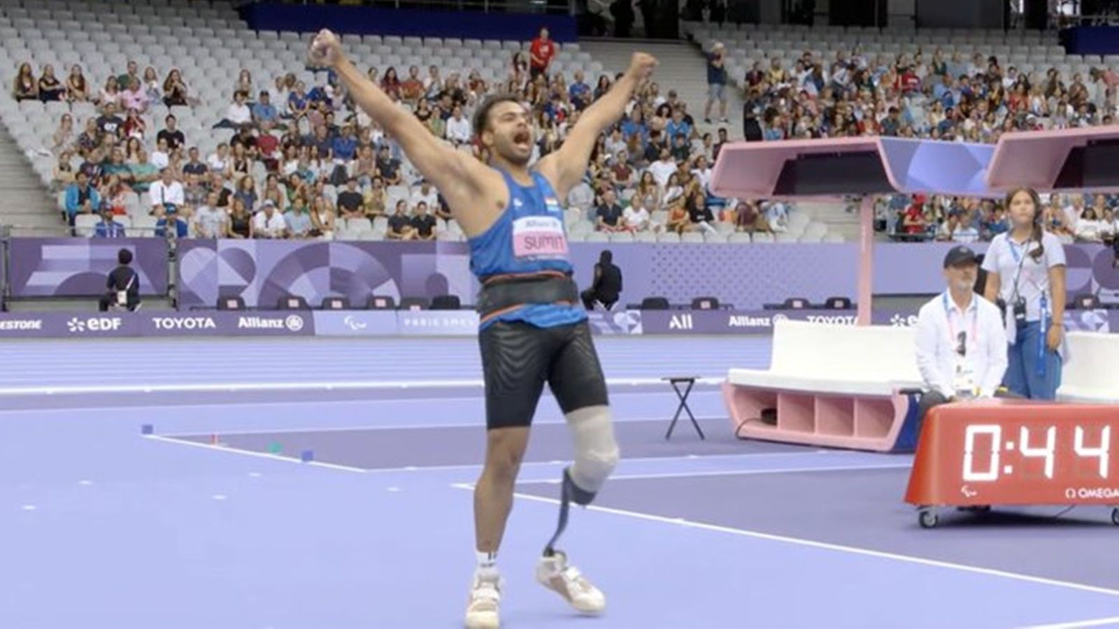 Star javelin thrower Sumit Antil breaks his own Paralympics record in Paris to win second consecutive gold medals Sumit Antil celebrating his Paralympics record-breaking throw (Screengrab: X)