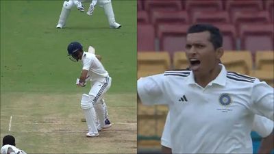 WATCH: Navdeep Saini roars after bamboozling Shubman Gill with massive inswinger in his first spell in Duleep Trophy 2024 Navdeep Saini celebrates Shubman Gill's wicket (Screengrab: X)