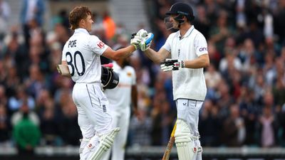 ENG vs SL, 3rd Test: Ollie Pope's historic ton, Ben Duckett's 86 keep England in good stead at 221/3 on opening day against Sri Lanka England's Ollie Pope celebrates with teammate Harry Brook after reaching his century during Day 1 of the 3rd Test against Sri Lanka at The Kia Oval on September 6. (Getty)