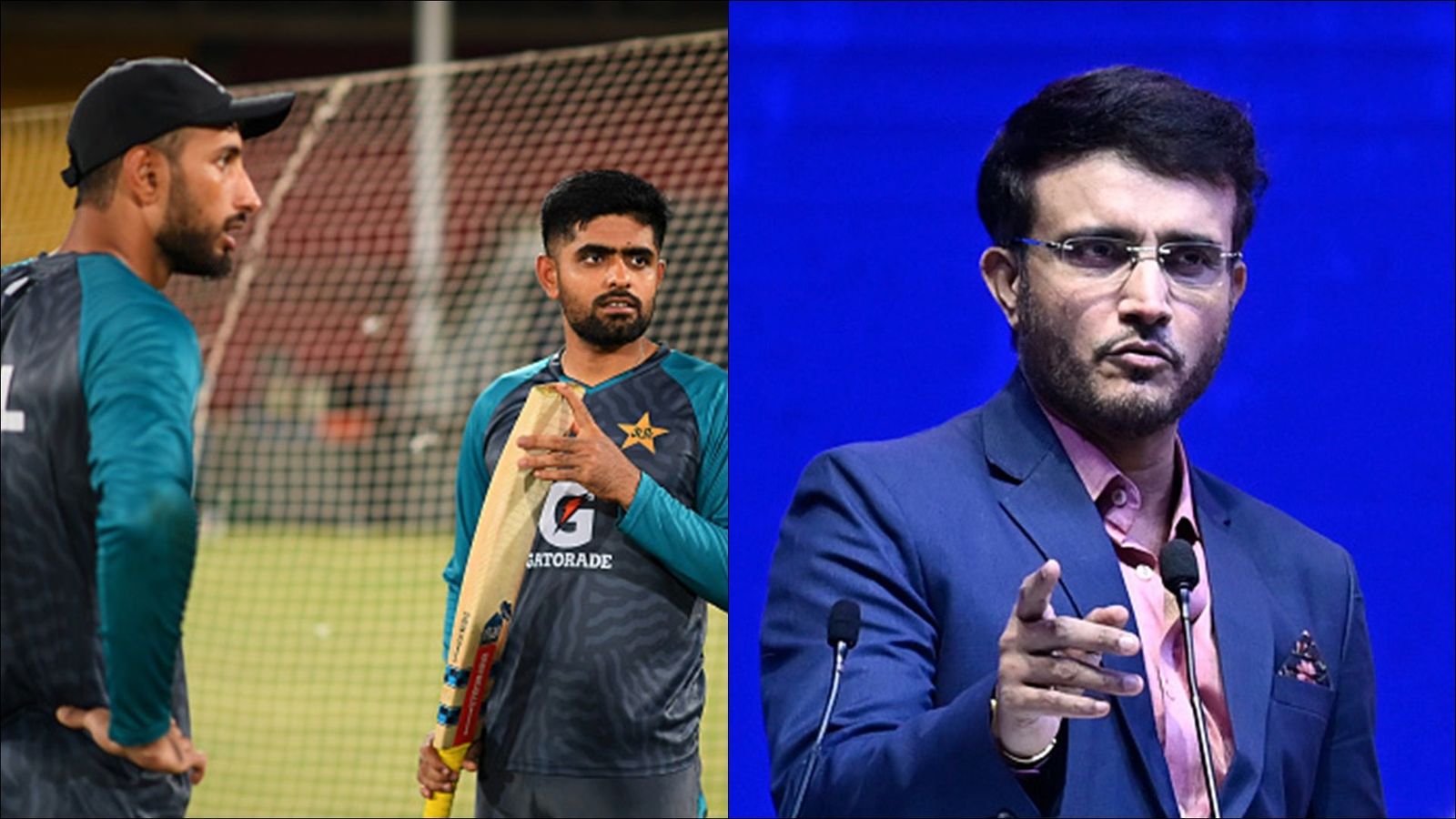 'I see a genuine dearth of talent in the country': Sourav Ganguly means no 'disrespect' but gives honest opinion after Pakistan's series loss to Bangladesh Shan Masood, Babar Azam during a training session; Sourav Ganguly speaking at an event (Getty Images)